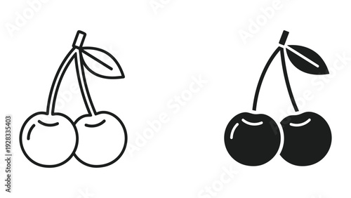 Cherry Icons: Outline and Solid Black Fruit Symbols