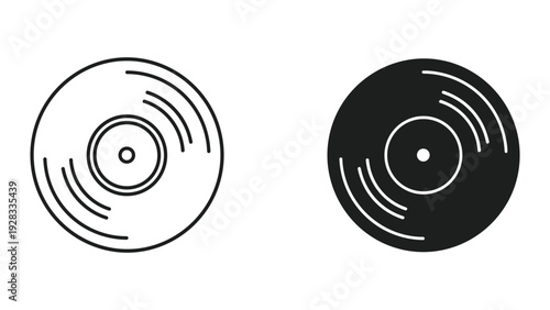 Vinyl Record Icon Set: Black Silhouette and Outline, Simple Design