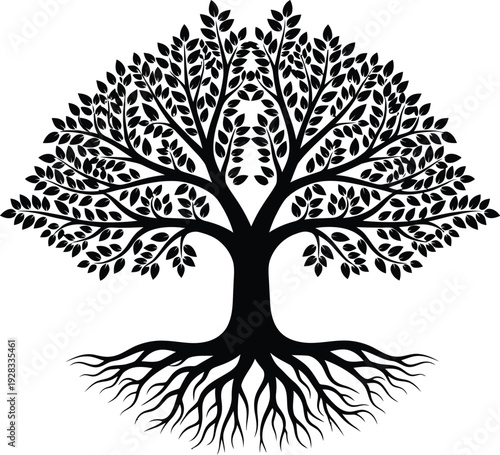 A black and white illustration of a tree with sprawling roots and leafy branches
