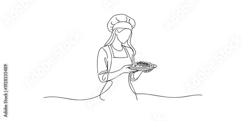 One line drawing of a female chef holding a plate of food. Hand drawn continuous line expressing cooking passion, culinary art, and hospitality.