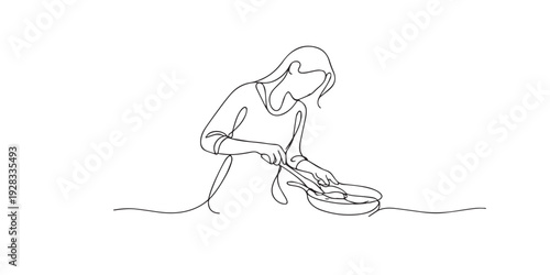 single line drawing of a woman cooking in the kitchen.continuous line depicts everyday life, home cooking, simplicity, and housewifery.