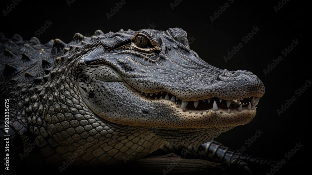 Fototapeta premium A close-up portrait of a crocodile's face against a dark background