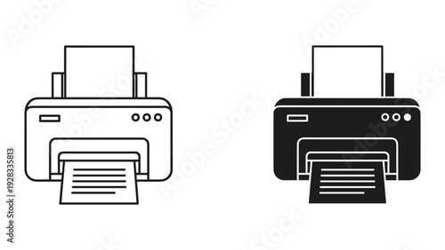 Printer icon, line art and silhouette, office technology, print document