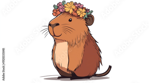 Cartoon capybara wearing a flower crown stands in a happy pose in a playful setting