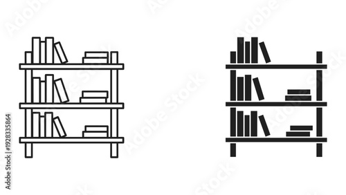 Two Bookshelves with Books Icons, Line Art and Solid Style