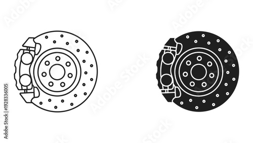 Car Brake Disc and Caliper Icons: Line Art and Silhouette