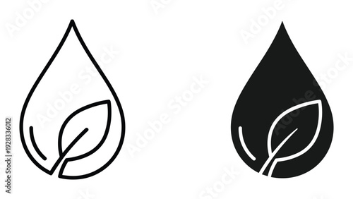 Water Drop with Leaf Icon Outline and Solid Fill, Eco Friendly Concept