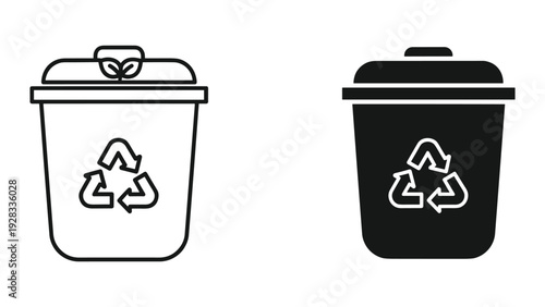 Recycling bin icon set, outline and solid fill, isolated on white