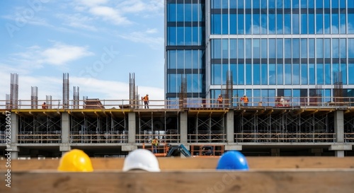 Construction Site with Workers and Building Under Development