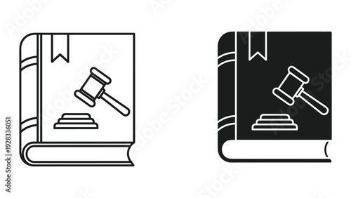 Legal Book Icon with Gavel and Pedestal, Line and Silhouette