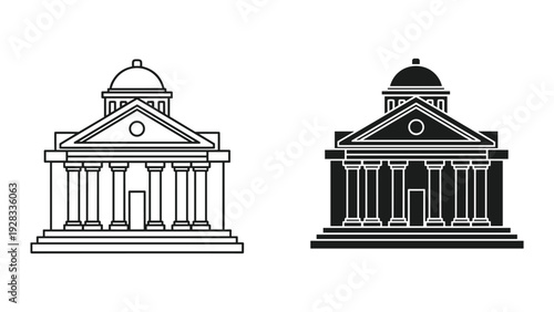 Classic Government Building Icons: Line Art and Silhouette
