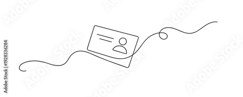 One line drawing of an identification card. Hand drawn continuous line representing identity, access, security, office, and professional use.