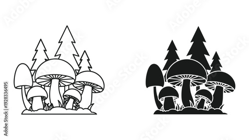 Mushroom Forest Icons: Outline and Silhouette
