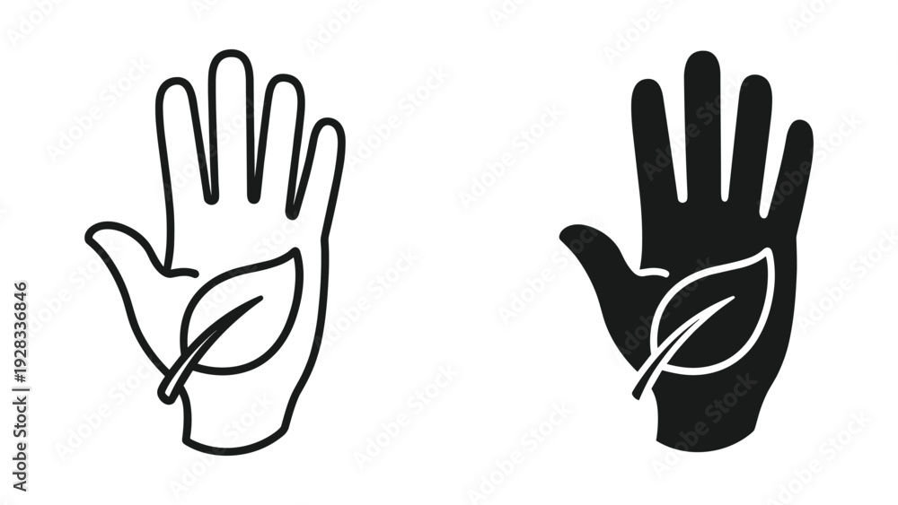 Fototapeta premium Hand Holding Leaf Icon Set: Outline and Silhouette, Eco-friendly symbol