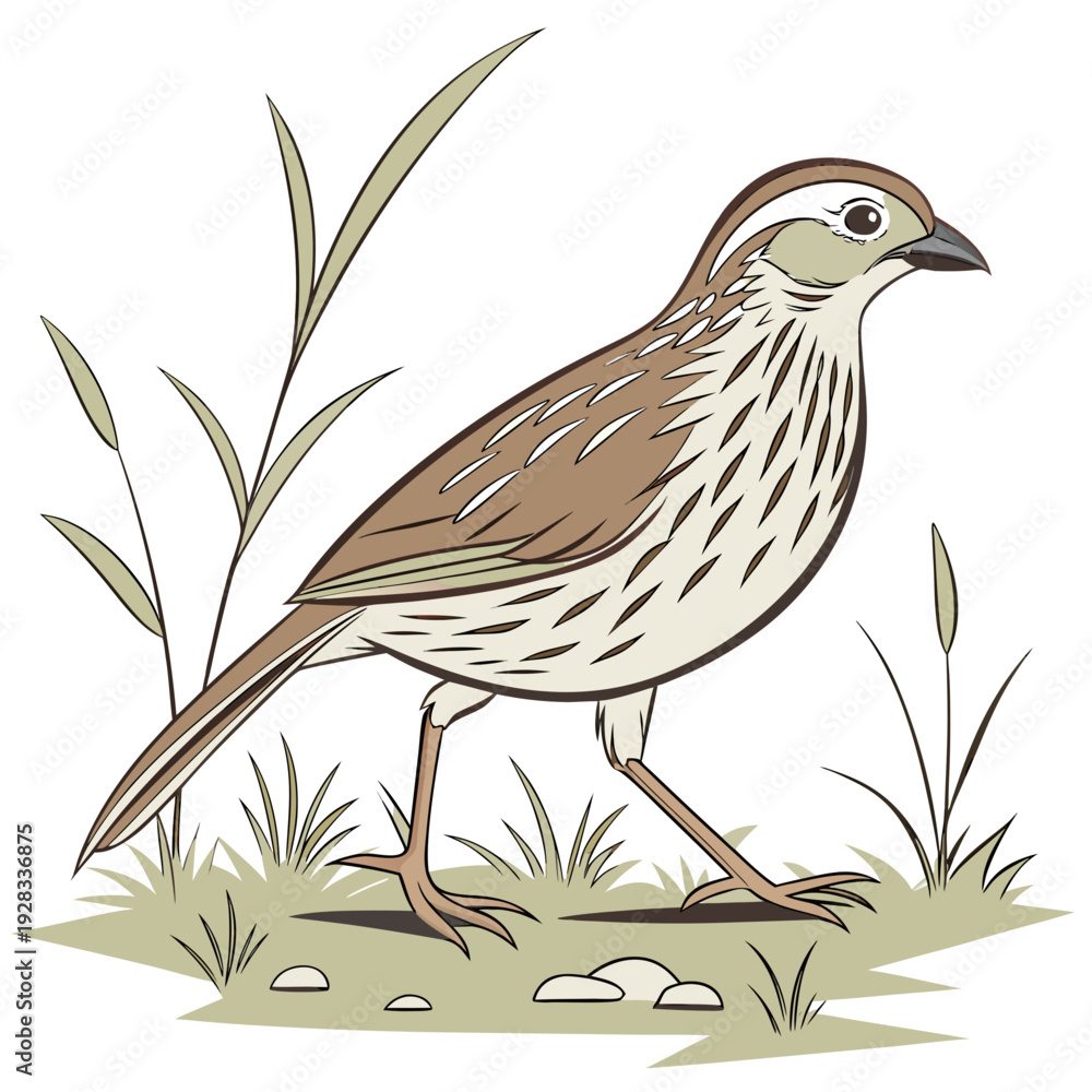 Fototapeta premium Brown and white bird standing on grass with plants