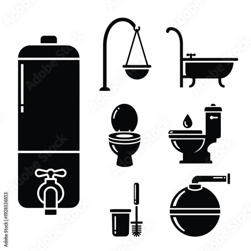 Assorted plumbing fixtures including water heater, sink, shower, and toilet icons in a graphic illustration