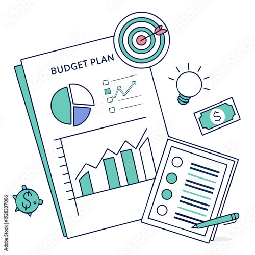 Budget plan document with financial graphs and money symbols