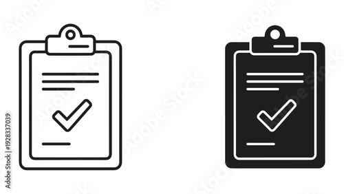 Clipboard with Check Mark Icon: Line Art and Silhouette