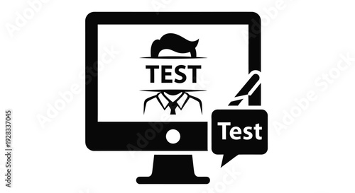 Black computer monitor displaying a cat icon and the word test on screen