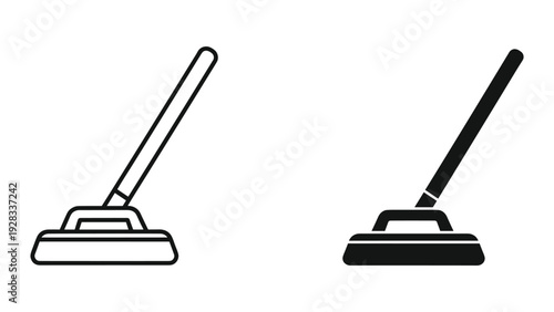 Curling Broom Icon Set: Outline and Solid Black Graphics