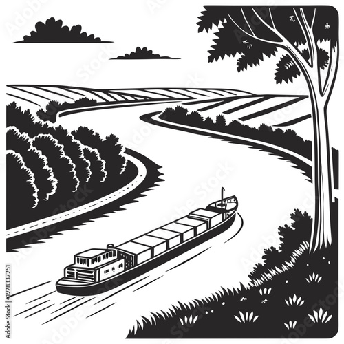 Black and white of a barge on a river landscape tree