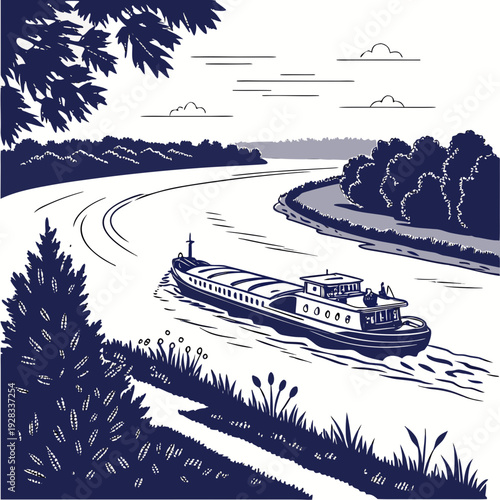 Blue and white of a barge on a river boat water trees