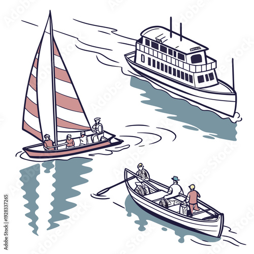 Boats on water sailboat ferry and rowboat with people