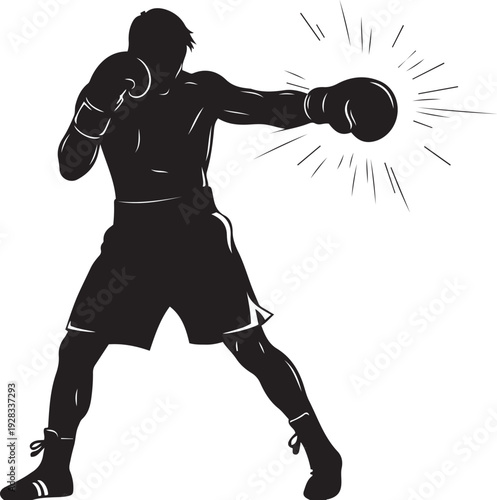 Silhouette Boxer Punching With Energy Burst In Black And White Stock Graphic