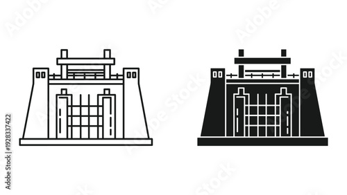 Hydroelectric Dam Icon Set - Line Art and Solid Silhouette