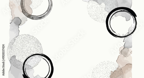 Minimalist abstract background with elegant watercolor textures in muted gray and sepia tones, adorned with black ink circles and sparkling accents on a light canvas