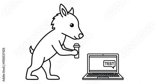 A cartoon dog works on a laptop seemingly coding or testing software
