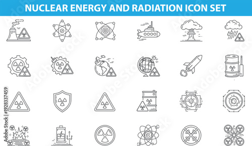 Nuclear energy and radiation icon set, atomic symbols, hazard warning, power plant, science, technology, modern line vector illustration