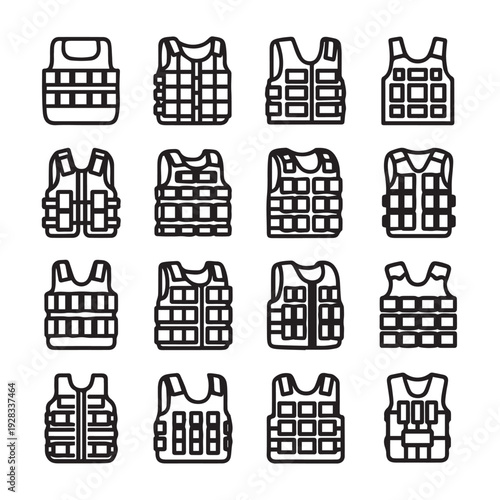 Various Bulletproof Vest Icons Protection Gear Security Equipment Military Uniform Law Enforcement Apparel