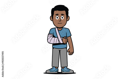 A young boy with a broken arm in a cast and sling