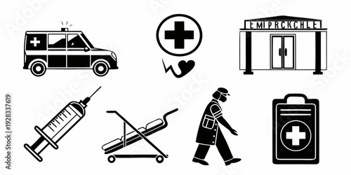 Medical and emergency icons representing various healthcare services and equipment Vector