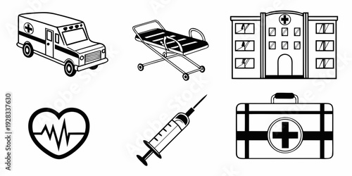 Medical equipment and symbols representing healthcare and emergency services. Vector