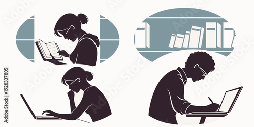 Two individuals in dark clothing working on laptops in a library setting. Vector