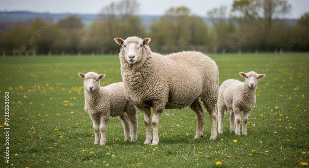 Fototapeta premium Sheep with Lambs in Green Pasture Field.