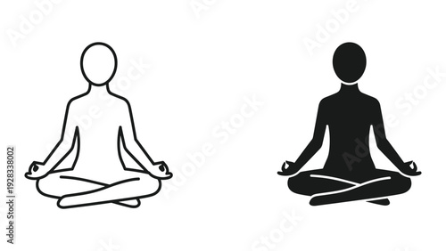 Zen meditation icons: line art and solid silhouette of person meditating