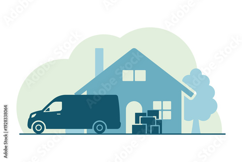 Delivery van, boxes, and house. Colored silhouette. Front and side view. Vector simple flat graphic illustration. Isolated object on a white background.