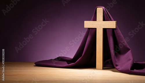 Wooden Cross Draped with Purple Cloth for Good Friday and Lent