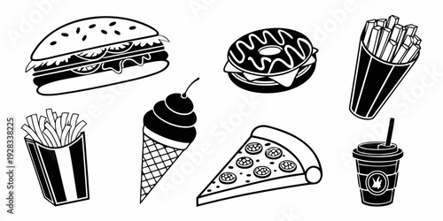 Assorted fast food items including burgers, fries, pizza, and ice cream Vector