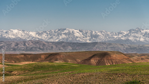 Panoramic View of Agafay Desert with High Atlas Mountains in Morocco