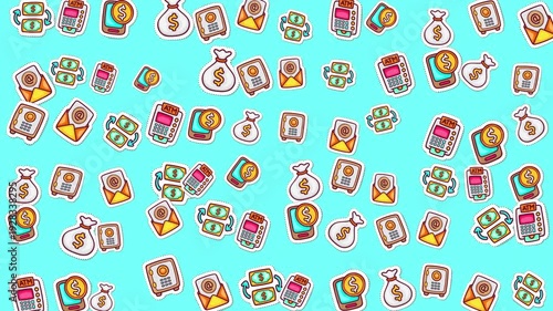 Scattered images of money bags, stacks of cards, and envelopes are perfect for financial blogs, business presentations, or moneysaving articles.