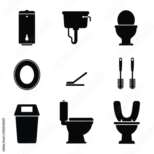 Bathroom icons collection featuring toilet, sink, and cleaning tools in a simple black silhouette style