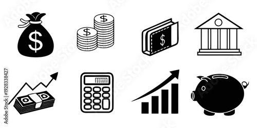 A collection of icons representing various financial and economic concepts and institutions Vector