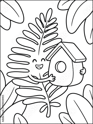 Cute Leaf Hugging Birdhouse Coloring Page
