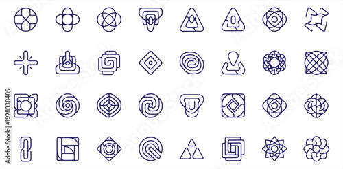 A collection of various geometric and abstract icons in a simple line style on a white background