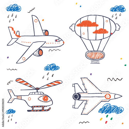 Crisp outline children's aircraft collection in cheerful doodle style for birthday party prints