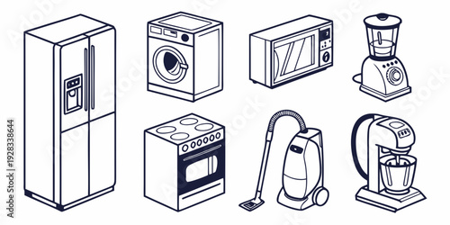 A collection of various household appliances and devices in a simple line drawing. Vector